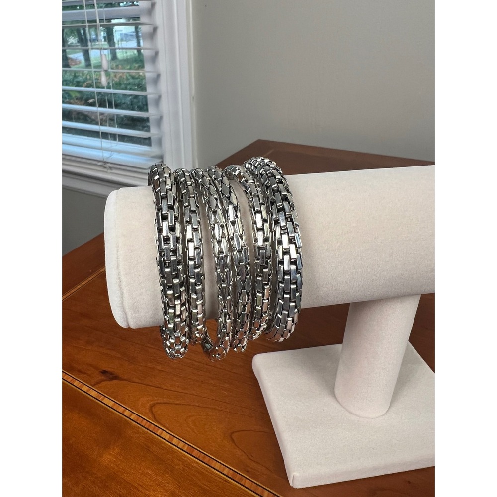Lot of 6 Plunder Design Silver Tone Textured Link Stretch Bracelets Stackable